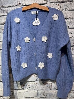 Love Knits NYC Periwinkle V-Neck Cardigan with White Floral Appliqués Spring